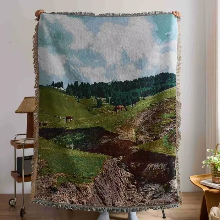 Couverture à jeter de paysage scénique de ville en Textile, tapisserie tissée de cheval de vallée ve