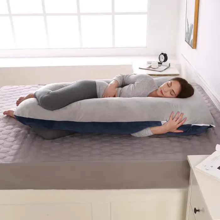 Coussin de maternité gris bleu 120x70cm - Coussin de grossesse en peluche douce pour dormir, soutien
