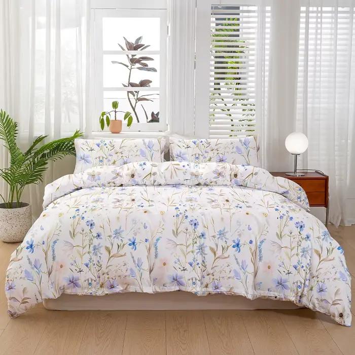 Ensemble de housse de couette à fleurs sauvages Blue Meadow, 3 pièces, doux et respirant, universel 