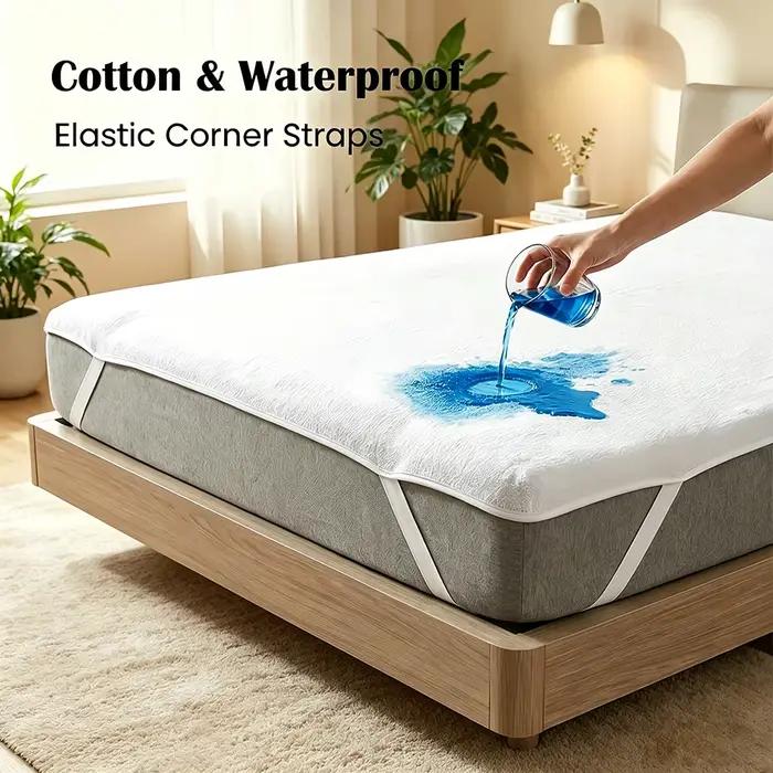 Protège-matelas imperméable en tissu éponge 100% coton, coton respirant avec sangles élastiques aux 
