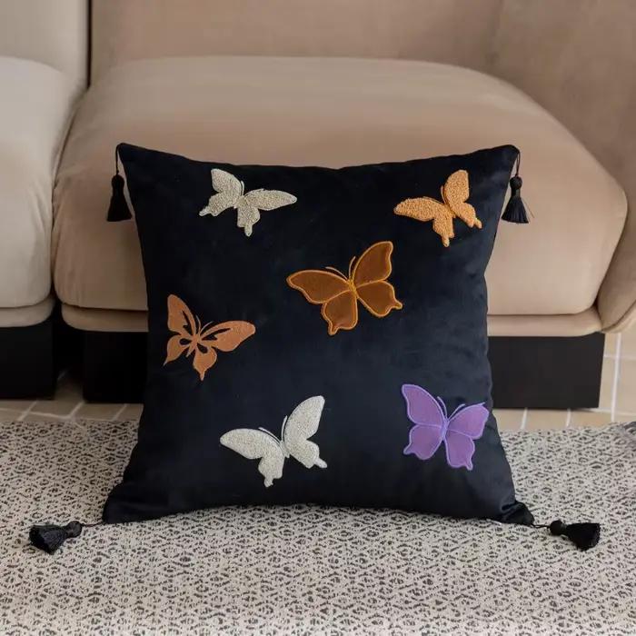 Housse de coussin carrée en velours brodée de papillons, style rétro moderne, décorative, luxueuseme