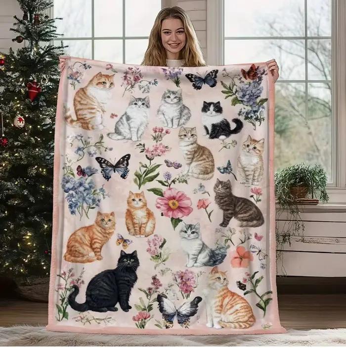 Couverture en polaire douce et confortable avec de jolis chats et des motifs floraux, idéale pour un