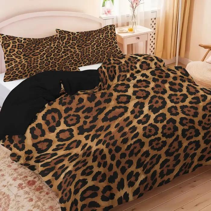 Parure de lit 3 pièces avec motif imprimé léopard marron, 1 housse de couette + 2 taies d'oreiller, 