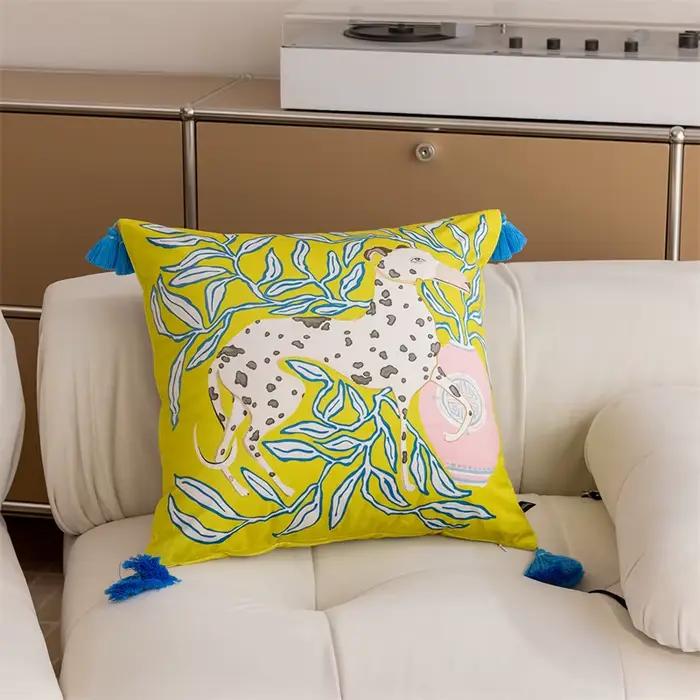 Taie d'oreiller carrée avec pompon, motif singe blanc, motif géométrique, housses de coussin, vintag