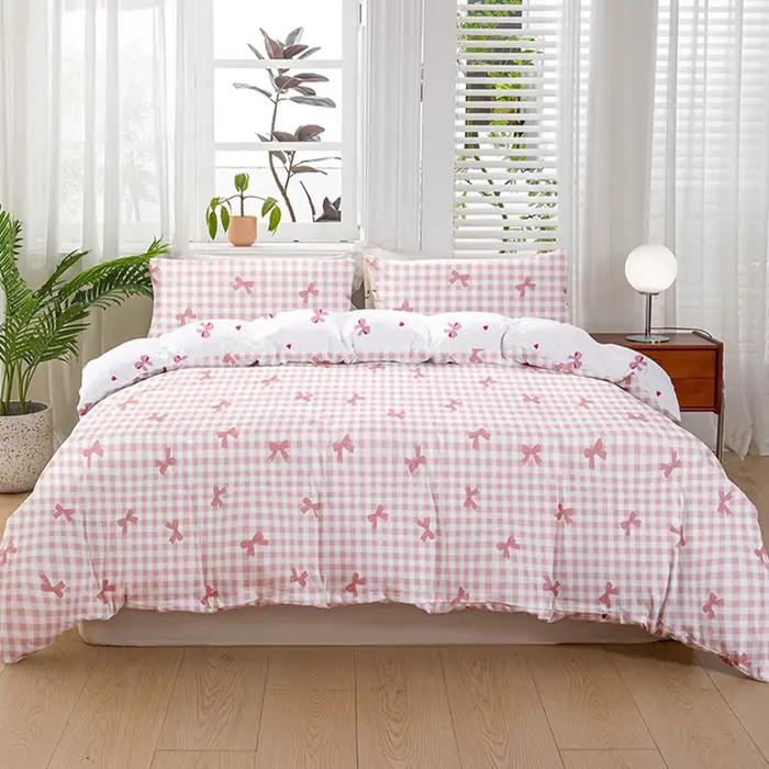 Ensemble de housse de couette à imprimé carreaux et nœuds (1 housse de couette et 2 taies d'oreiller
