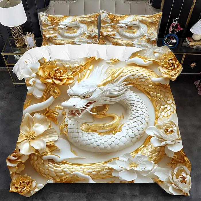 Ensemble de housse de couette Golden Dragon 3 pièces (1 housse de couette + 2 taies d'oreiller, sans