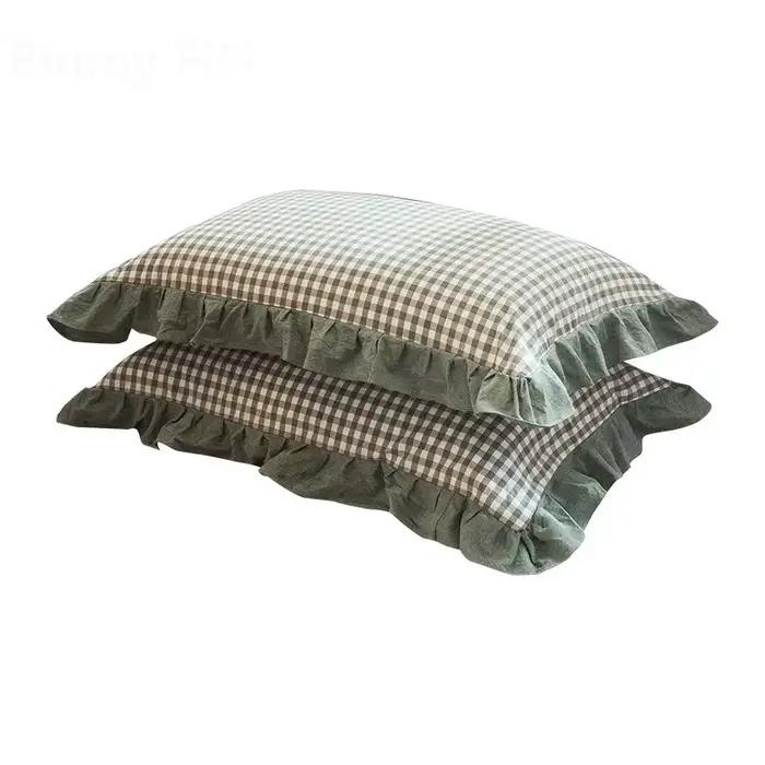 Taie d'oreiller en coton délavé 48x74cm, 2 pièces, literie de maison, housse de coussin à carreaux S
