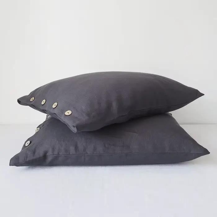 Taie d'oreiller en lin pur avec bouton, housse de coussin, douce et respirante, idéale pour les chev