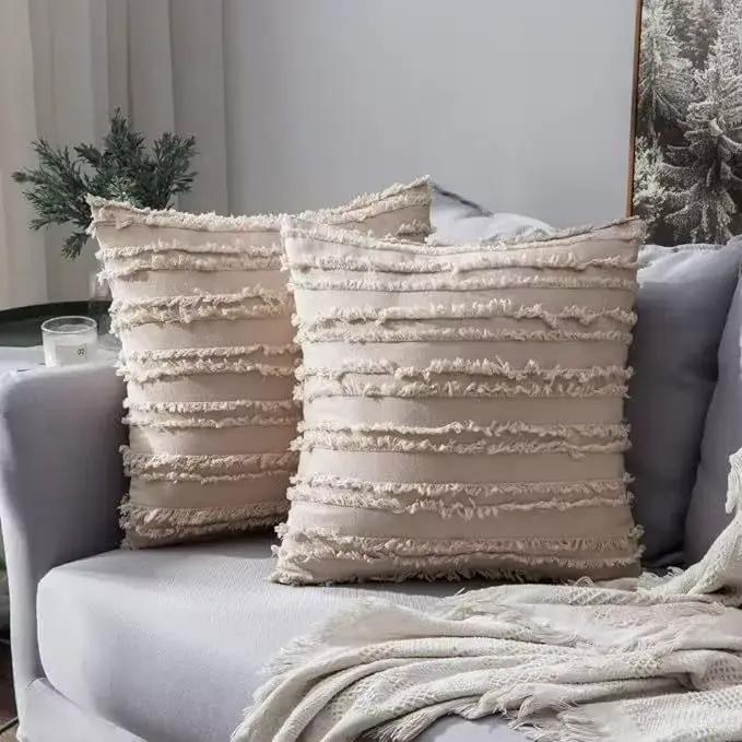 Housses de coussin bohèmes, lot de 2, motif jacquard rayé en lin neutre printanier, housses de couss