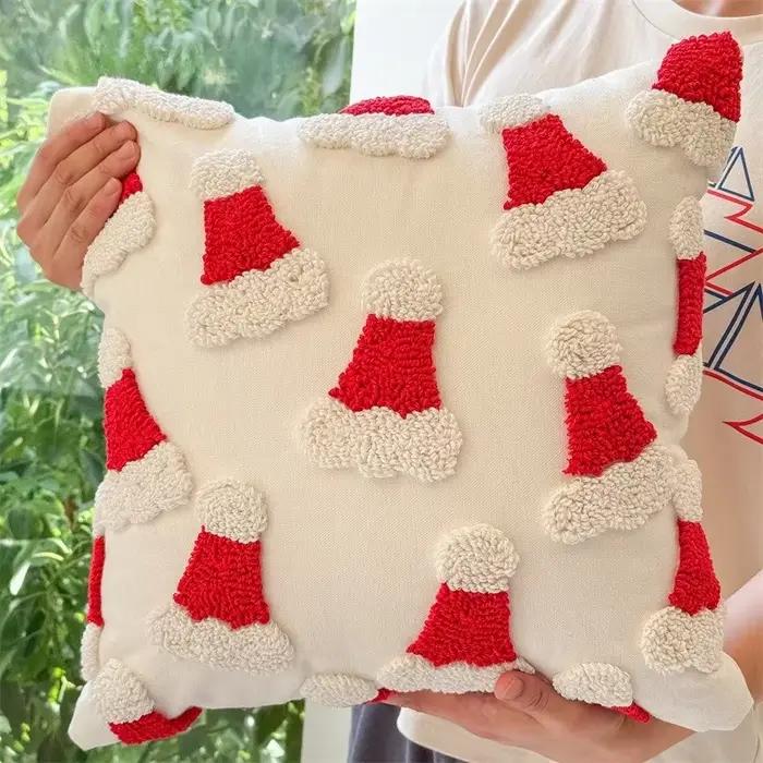 Taie d'oreiller de noël, chapeau de noël, motif de canne, fermeture éclair cachée, taie d'oreiller e