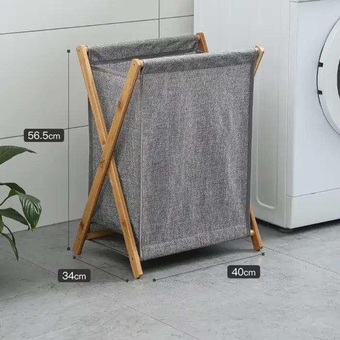 Panier à linge pliable avec cadre en bois, panier de rangement pour vêtements sales, trieur de linge