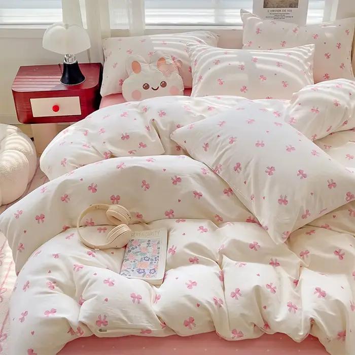 Ensemble de housse de couette imprimée avec petits nœuds roses, 3 pièces, doux et respirant, univers
