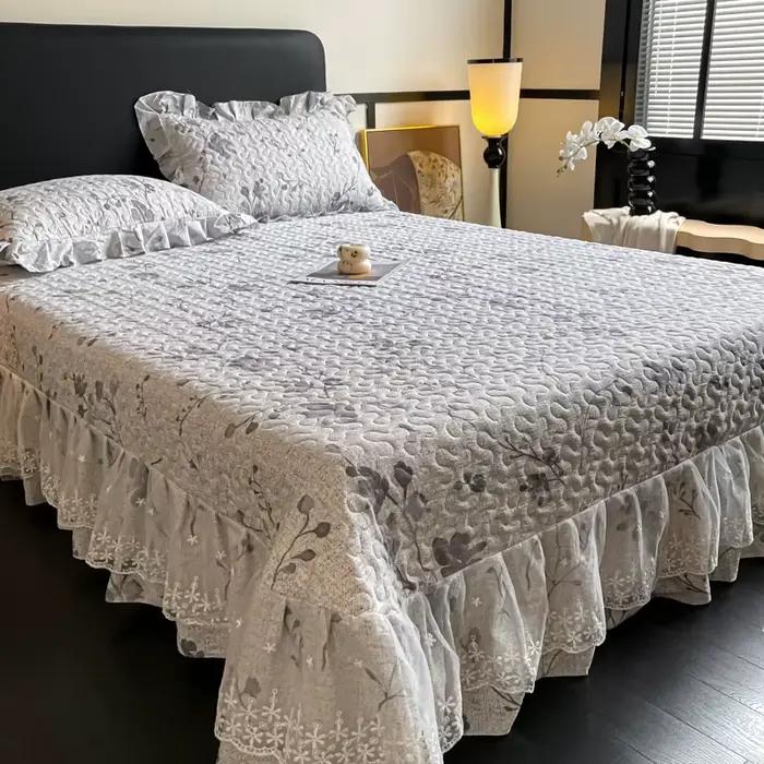Couvre-lit de couleur Pure pour lit, couvre-lit Double doux avec volants, surmatelas en dentelle,кры