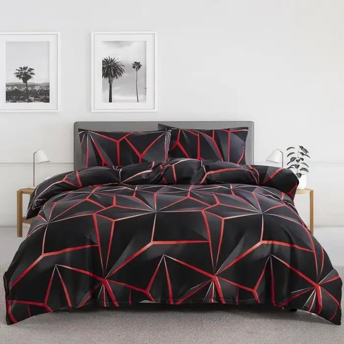 Housse de couette géométrique noire et rouge, ensemble de literie géométrique tridimensionnel Queen 