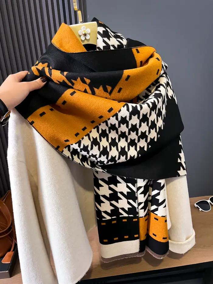 Sacarf en cachemire de luxe pour femmes, couverture d'hiver épaisse pied-de-poule avec pompon, grand