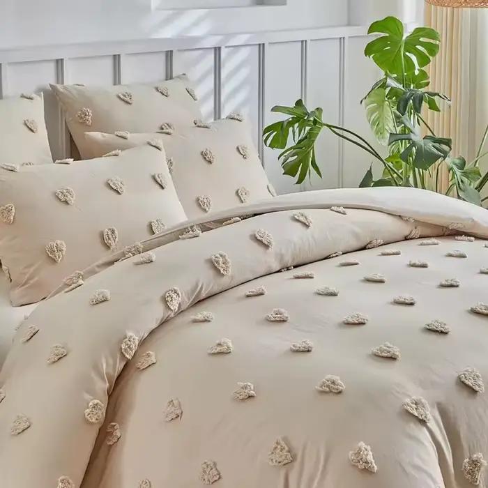Parure de lit tuftée motif cœur 2/3 pièces en polyester doux kaki – Housse de couette + taie d'oreiller – Linge de lit pour lit simple ou king size – Ropa De Cama Casal