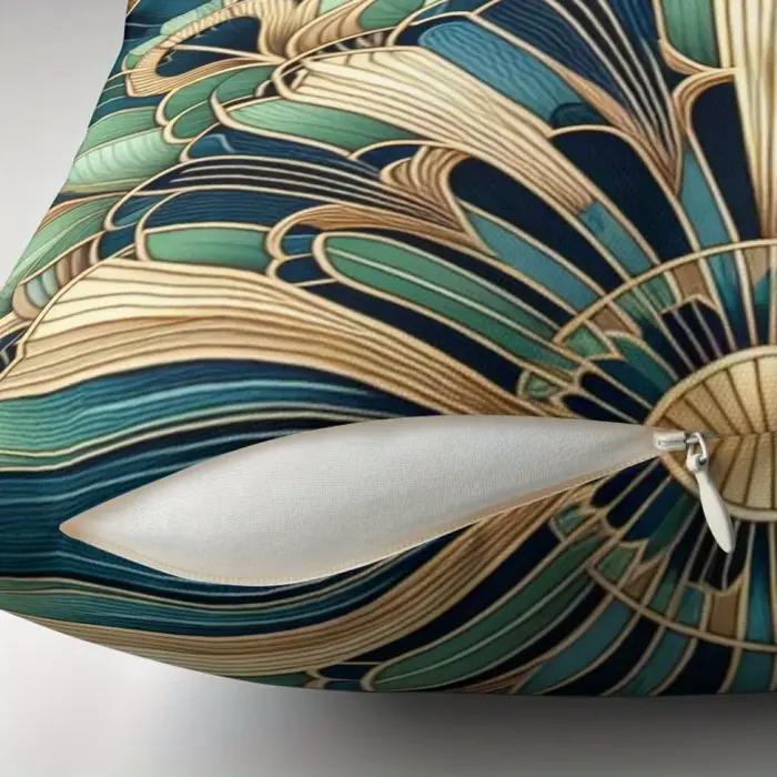 1 housse de coussin en forme de plume de paon Art Déco, impression 2D double face en polyester, art géométrique de luxe, mandala, décoration bohème pour la maison et la voiture