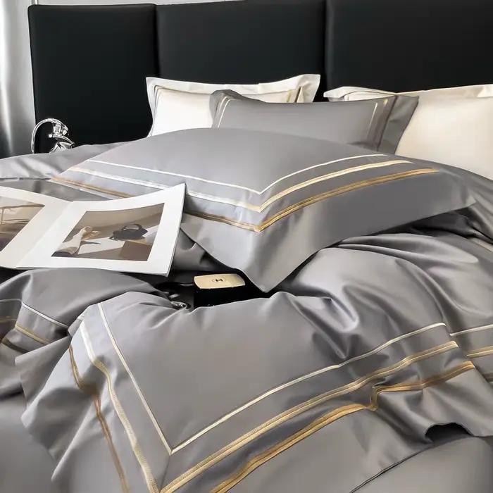Parure de lit de Style hôtel, ensemble de literie de luxe avec broderie dorée, housse de couette, draps en coton égyptien gris, taies d'oreiller, vêtements de literie de couleur unie