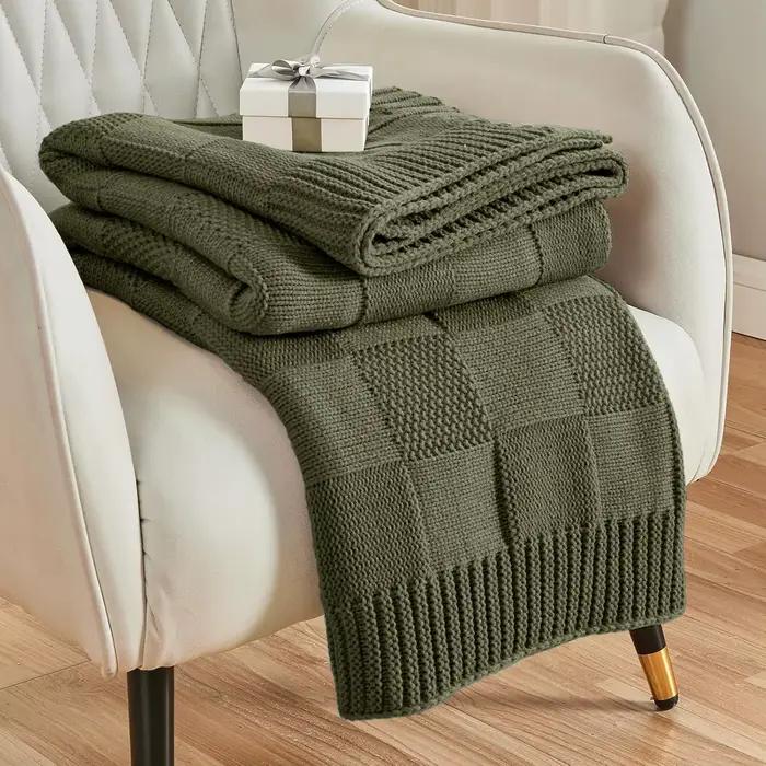 Couverture tricotée, couverture à carreaux vert Olive pour canapé