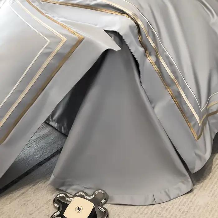 Parure de lit de Style hôtel, ensemble de literie de luxe avec broderie dorée, housse de couette, draps en coton égyptien gris, taies d'oreiller, vêtements de literie de couleur unie