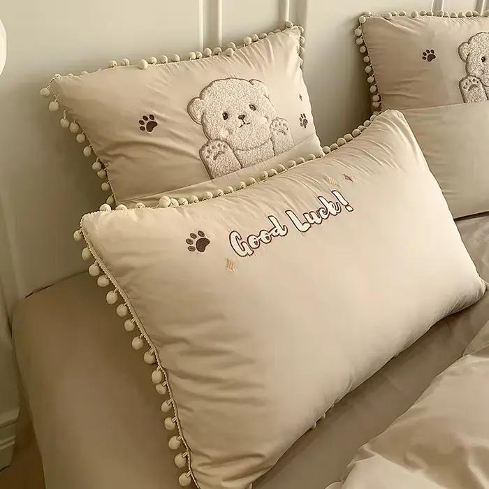 Parure de lit enfant 100% coton avec broderie appliquée motif ours de dessin animé mignon