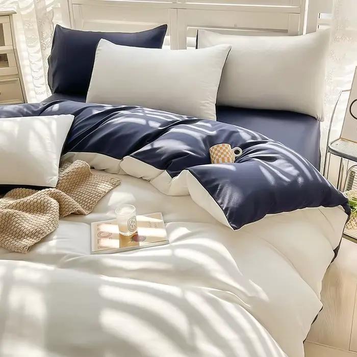 Housse de couette réversible bicolore simple, douce, respirante et agréable pour la peau, couvre-lit moderne color-block pour lit simple ou double