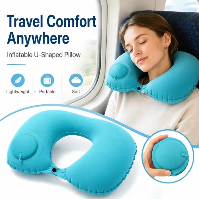 Oreiller de voyage gonflable portable en forme de U avec pompe à pression, coussin de soutien pour le cou en tissu floqué doux pour les voyages en avion, en train ou en voiture