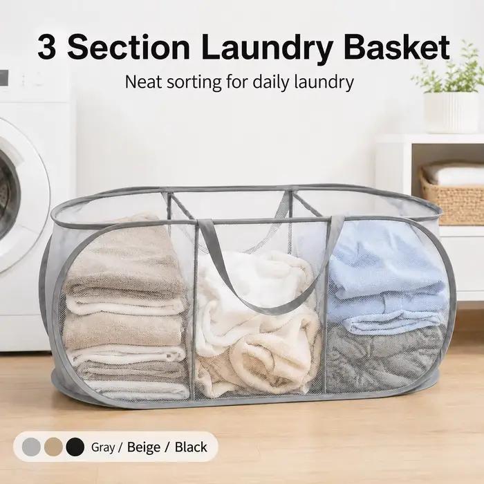 Panier à linge à 3 sections, panier à linge en maille, panier à linge en polyester avec poignées pour le rangement dans la chambre et la salle de bain