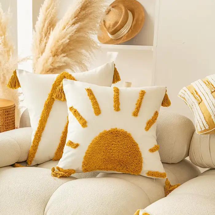 30x50/45x45cm Boho doré soleil jeter taie d'oreiller romantique soleil géométrique frange velours oreiller chambre canapé maison coussin couvre