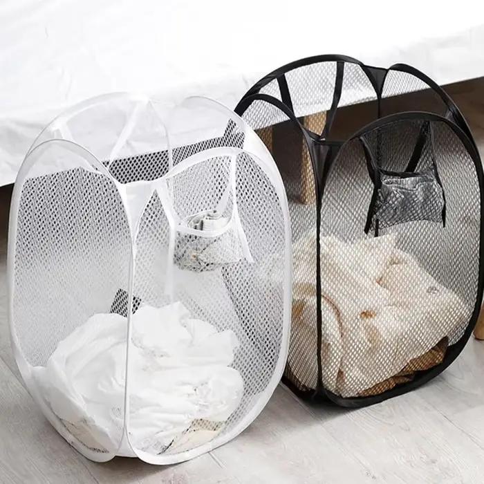 Grand panier à linge pliable en maille respirante avec poche latérale pour le rangement et l'organisation