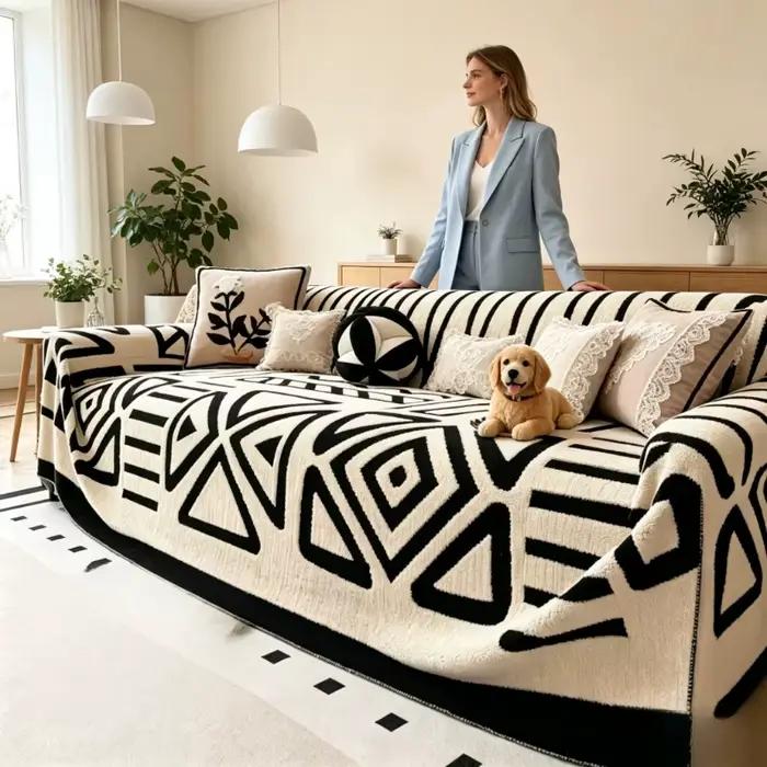 Housse de canapé en flanelle bohème noir et blanc 180×230 cm