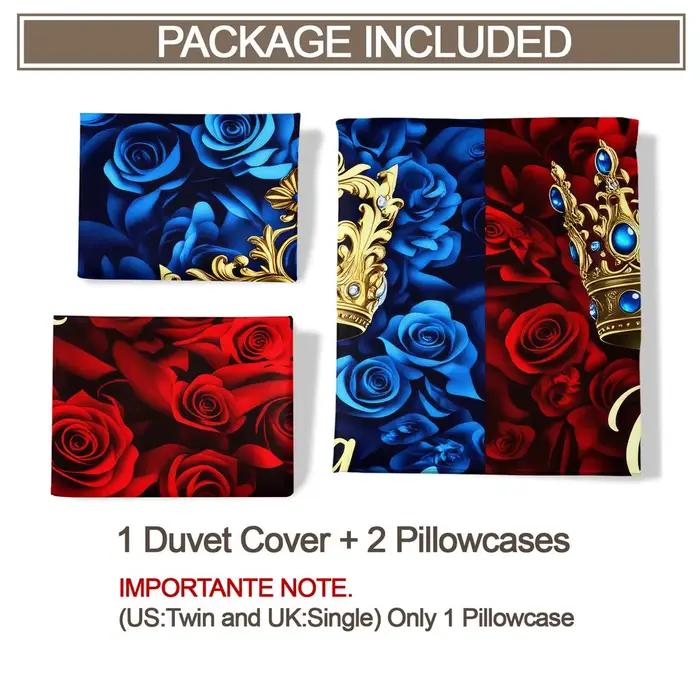 Parure de lit King Queen Crown, motif floral romantique rouge et bleu, imprimé numérique, housse de couette en microfibre douce, décoration intérieure