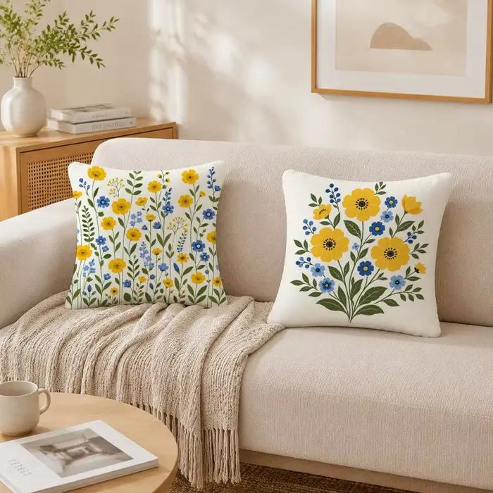 Housse de coussin double face en peluche motif fleurs sauvages jaunes et bleues, respirante et biologique, avec fermeture éclair invisible