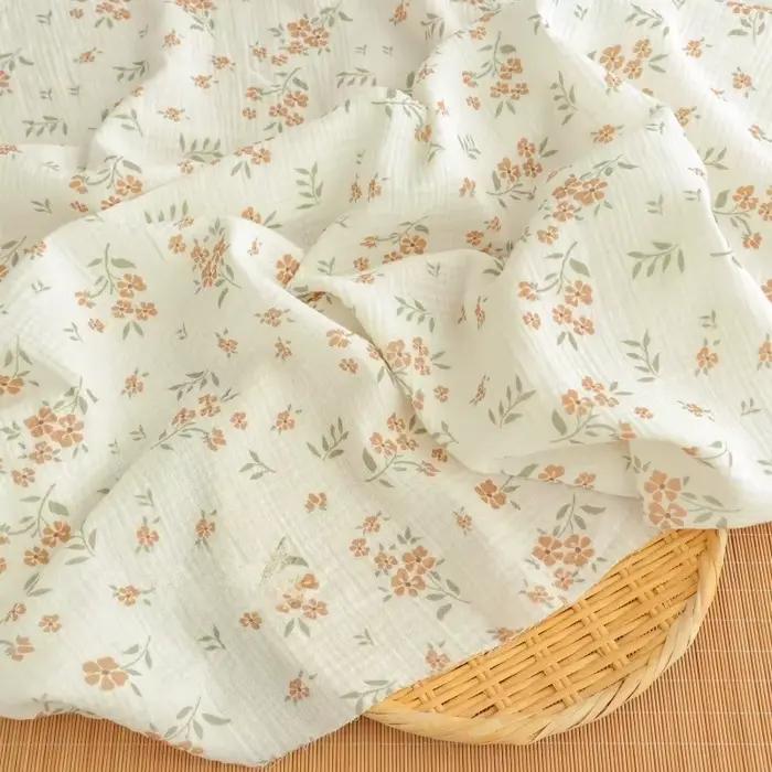 Tissu en gaze de coton Double couche 135x50cm, imprimé Floral, crêpe, vêtements de nuit, vêtements de maison, matériel prêt à l'emploi, tissu à coudre