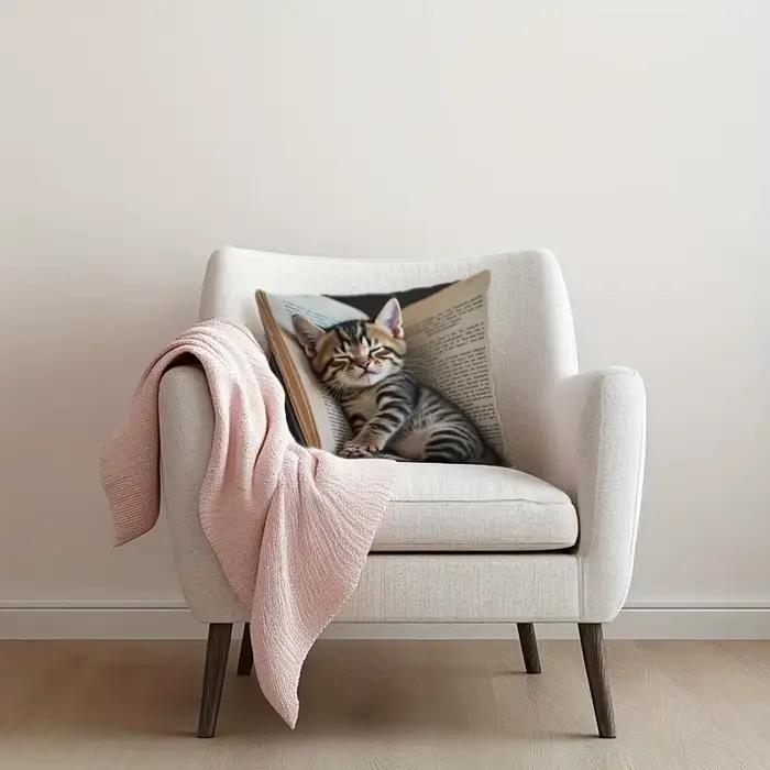 Cuddle Up avec notre adorable taie d'oreiller dans le livre chaton! Housse de coussin de canapé, décoration de dortoir de chambre à coucher, impression 2D