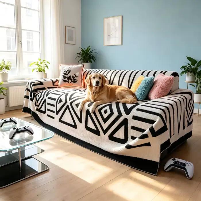 Housse de canapé en flanelle bohème noir et blanc 180×230 cm