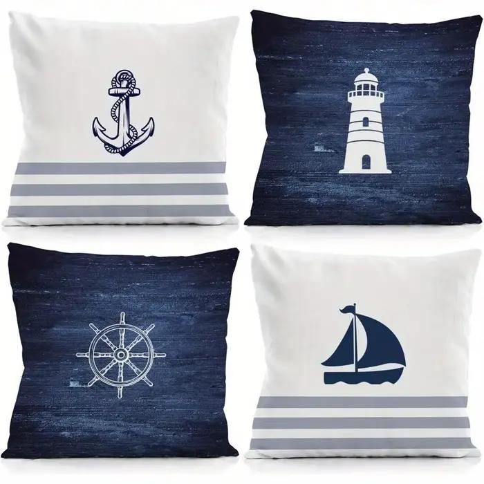 Housse de coussin imprimée double face à motif nautique bleu marine