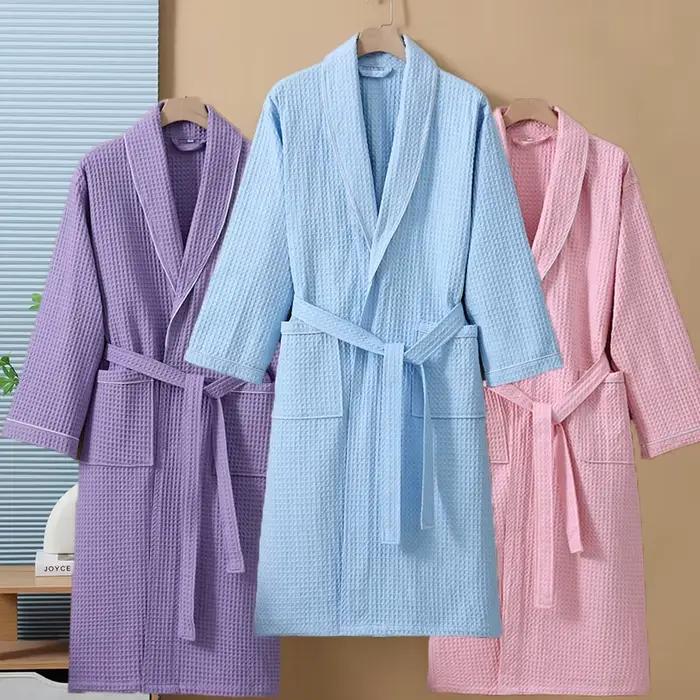Peignoir gaufré hôtel beauté serviette de bain pour Couples 100% coton Robe gaufrée hommes femmes printemps automne Robe du matin à manches longues