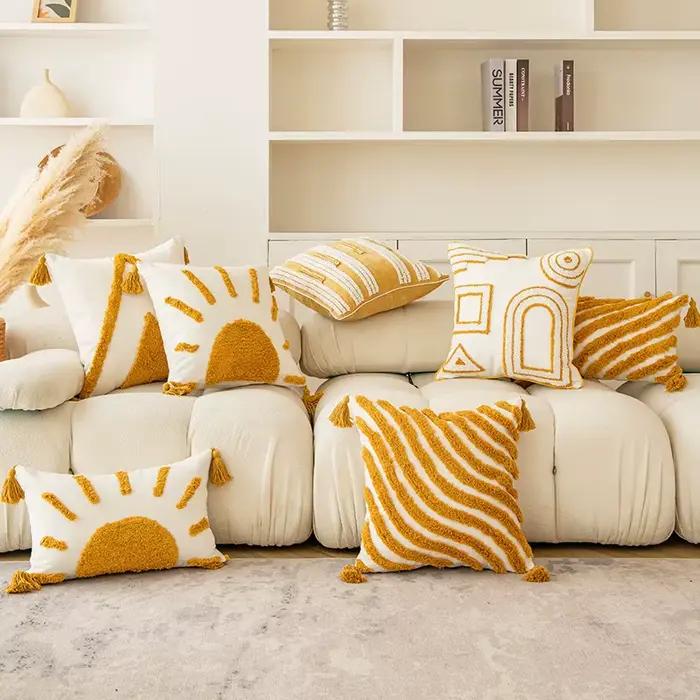 30x50/45x45cm Boho doré soleil jeter taie d'oreiller romantique soleil géométrique frange velours oreiller chambre canapé maison coussin couvre