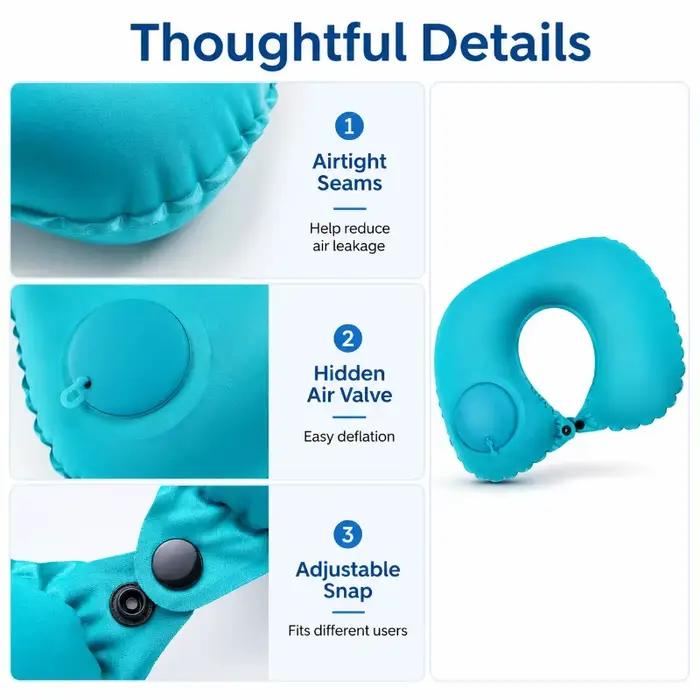 Oreiller de voyage gonflable portable en forme de U avec pompe à pression, coussin de soutien pour le cou en tissu floqué doux pour les voyages en avion, en train ou en voiture