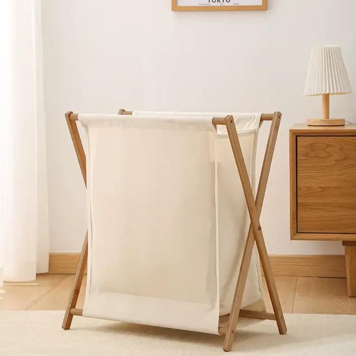 Panier à linge pliable pour salle de bain avec cadre en bois