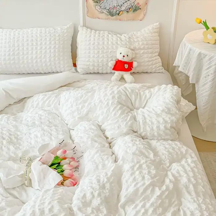 Ensemble de housse de couette seersucker blanc 3 pièces (1 * housse de couette + 2 * taie d'oreiller, sans noyau), parure de lit rose