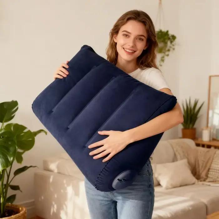 Oreiller de voyage triangulaire gonflable, support lombaire et cervical pour le bureau, oreiller repose-jambes épaissi en velours pour les voyages en avion