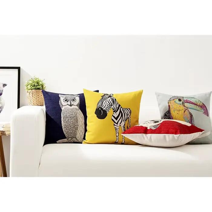 Housse de coussin nordique en zèbre, Animal de dessin animé, couleur unie rouge jaune oiseau chat, décoration de la maison, canapé de bureau