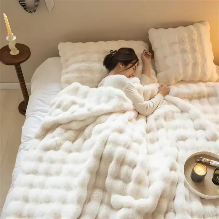 Couverture en velours bouclé doux et moelleux en poils de lapin pour la sieste, couvre-lit et plaid de canapé, chaleur toute saison