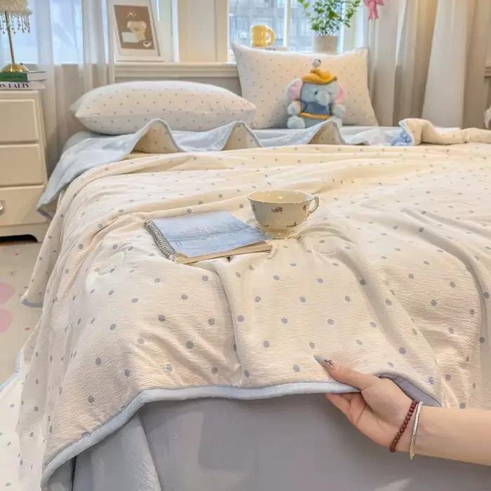 Nouvelle Couette d'Été Imprimée à Pois Bleus, Rembourrage Entièrement en Coton, Matelassée, Douce, Fine, Respirante, Rafraîchissante