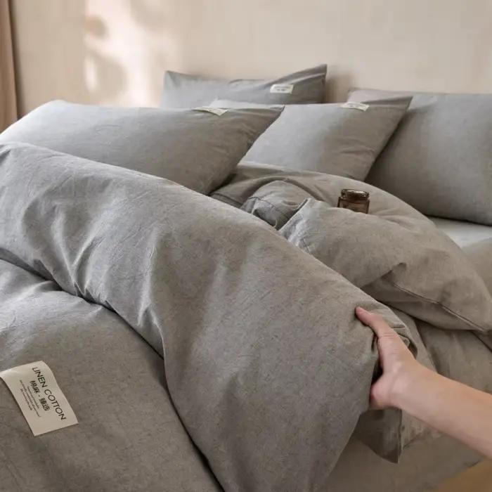 Parure de lit 4 pièces en lin et coton, ultra respirante et douce, housse de couette, drap et taies d'oreiller, pour lit simple, double, king size, pour la maison