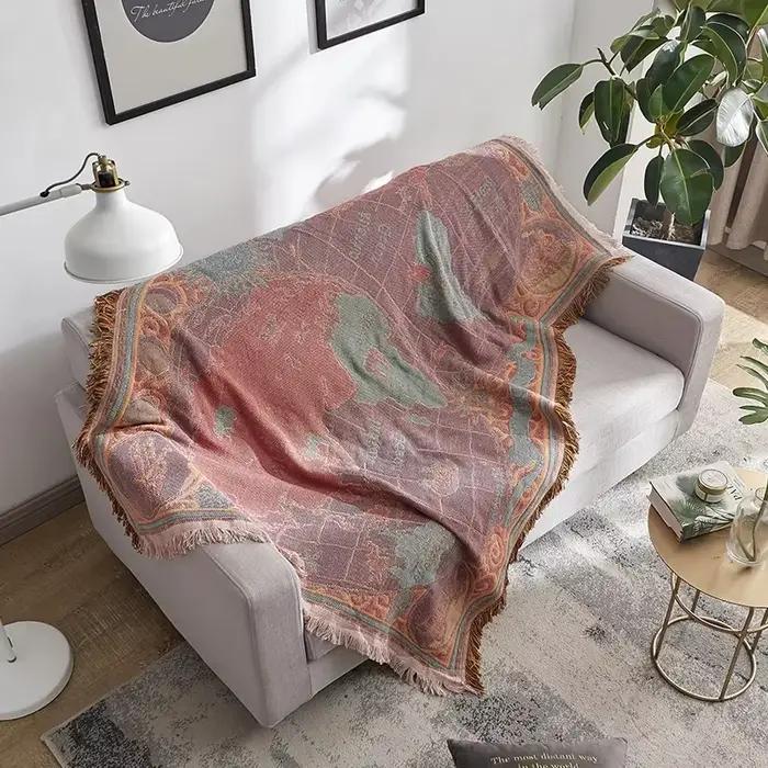 Couverture bohème en coton avec carte du monde pour la maison