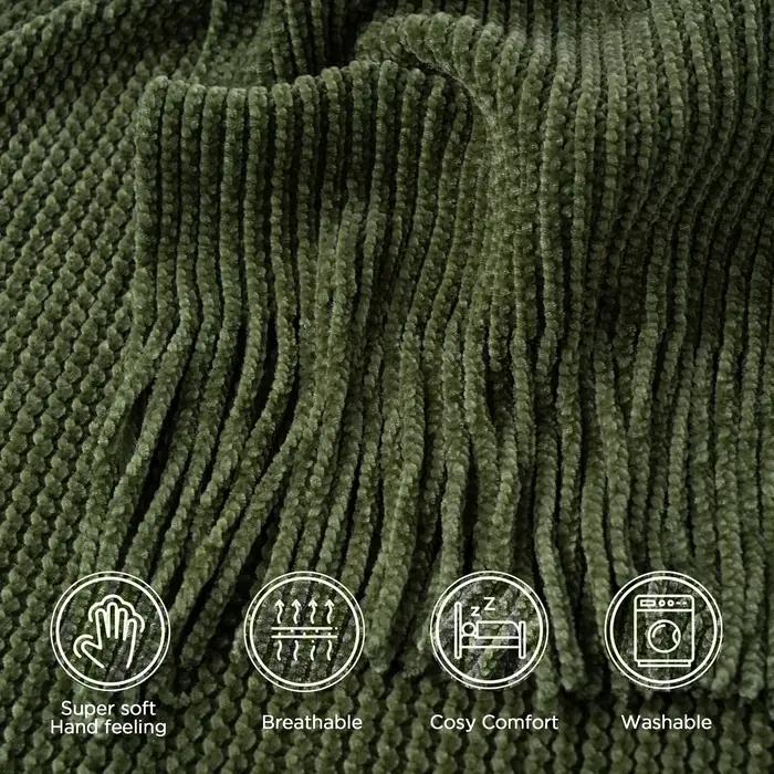 Couverture en tricot chenille Battilo avec pompons, plaid vert à carreaux pour lit, canapé, couverture décorative pour canapé, décoration de chambre à coucher pour le printemps