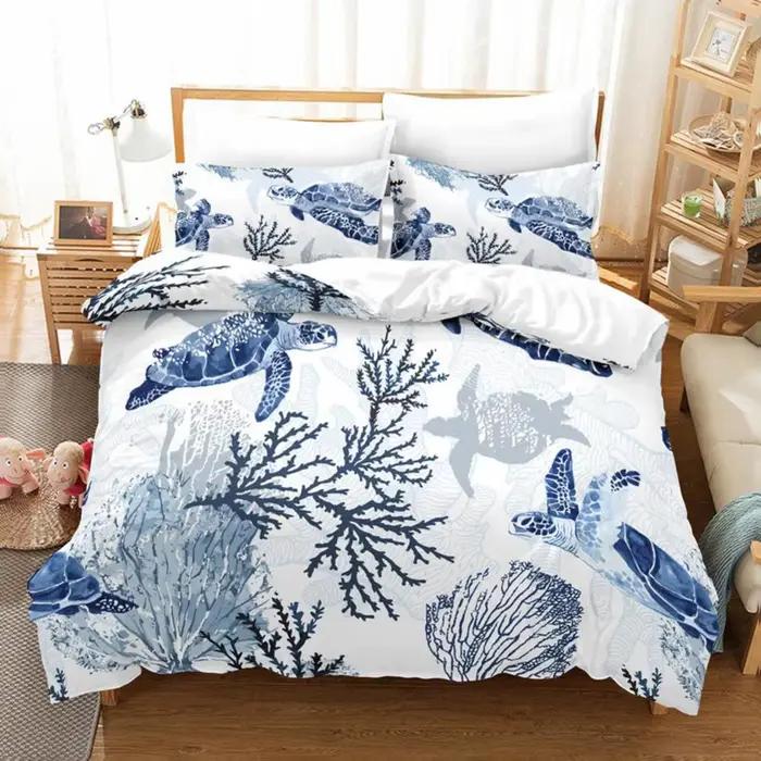Tortue de mer housse de couette ensemble taies d'oreiller océan Animal tortue ensemble de literie reine jumeau enfants Textiles de maison carte corail housse de couette roi